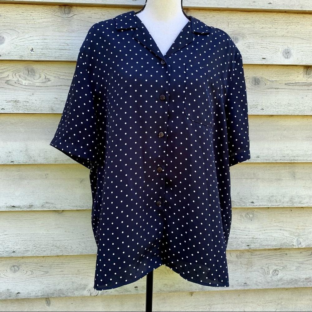 Vintage 90s Black Polka Dot Print Button Down Short Sleeve Collared Popover Top